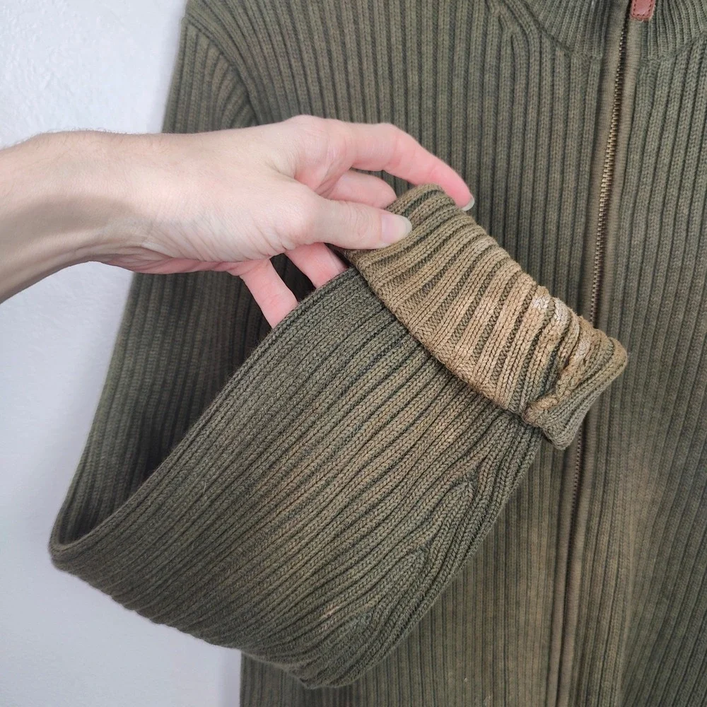 Vintage J. Crew Ribbed Cardigan Sweater Mens Medium Olive Green Cotton Full Zip